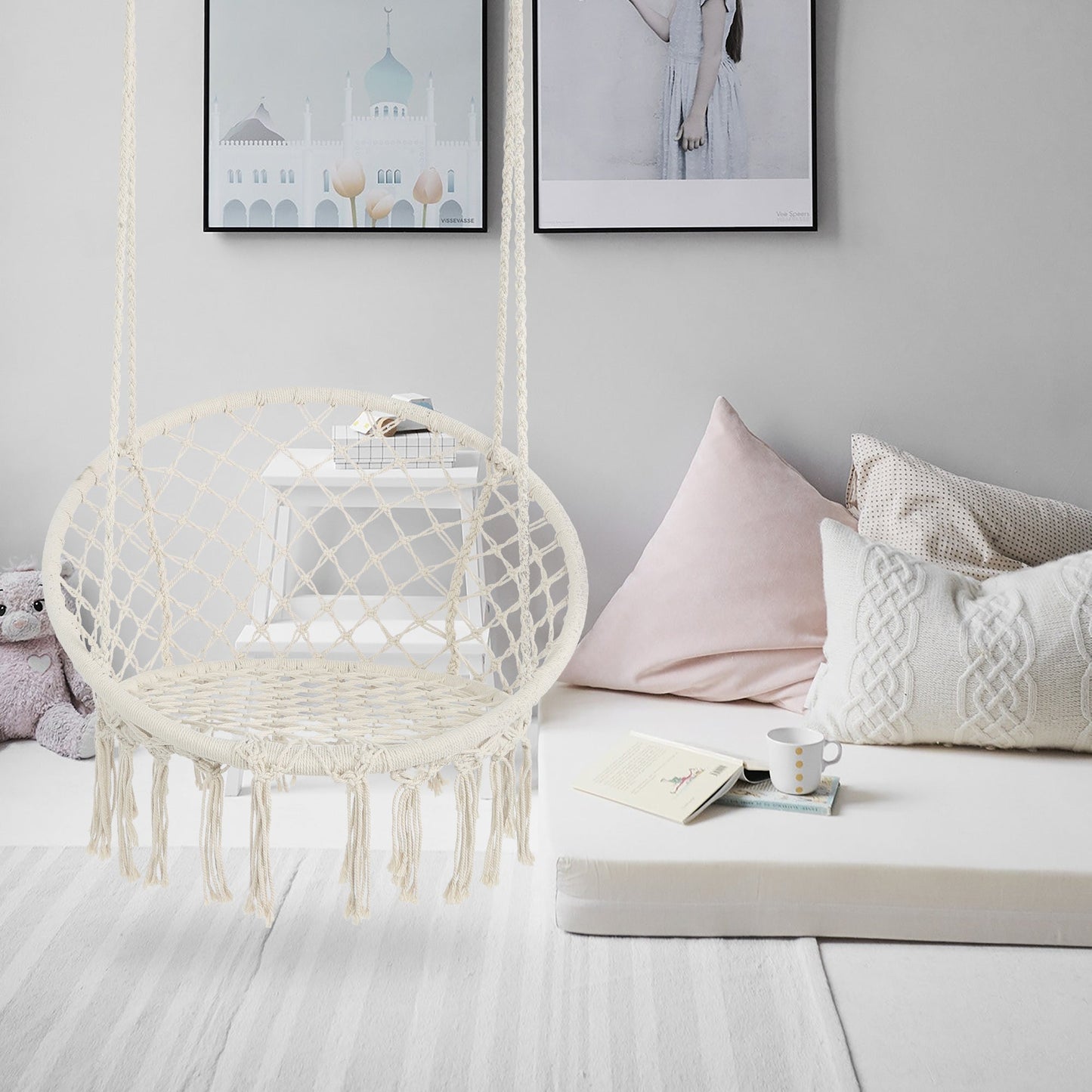Macrame Hanging Hammock Chair, Cotton Rope Swing for Indoor and