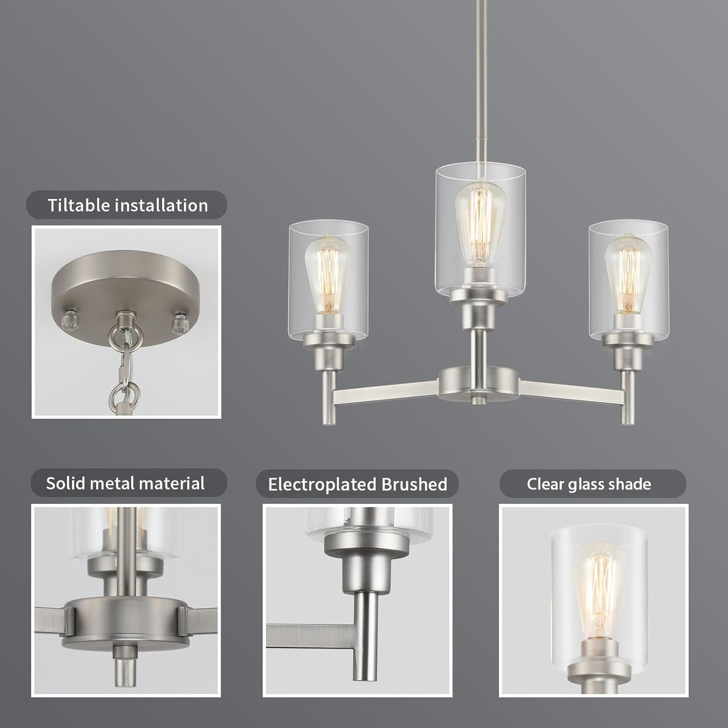 Modern 3-Light Brushed Nickel Chandelier