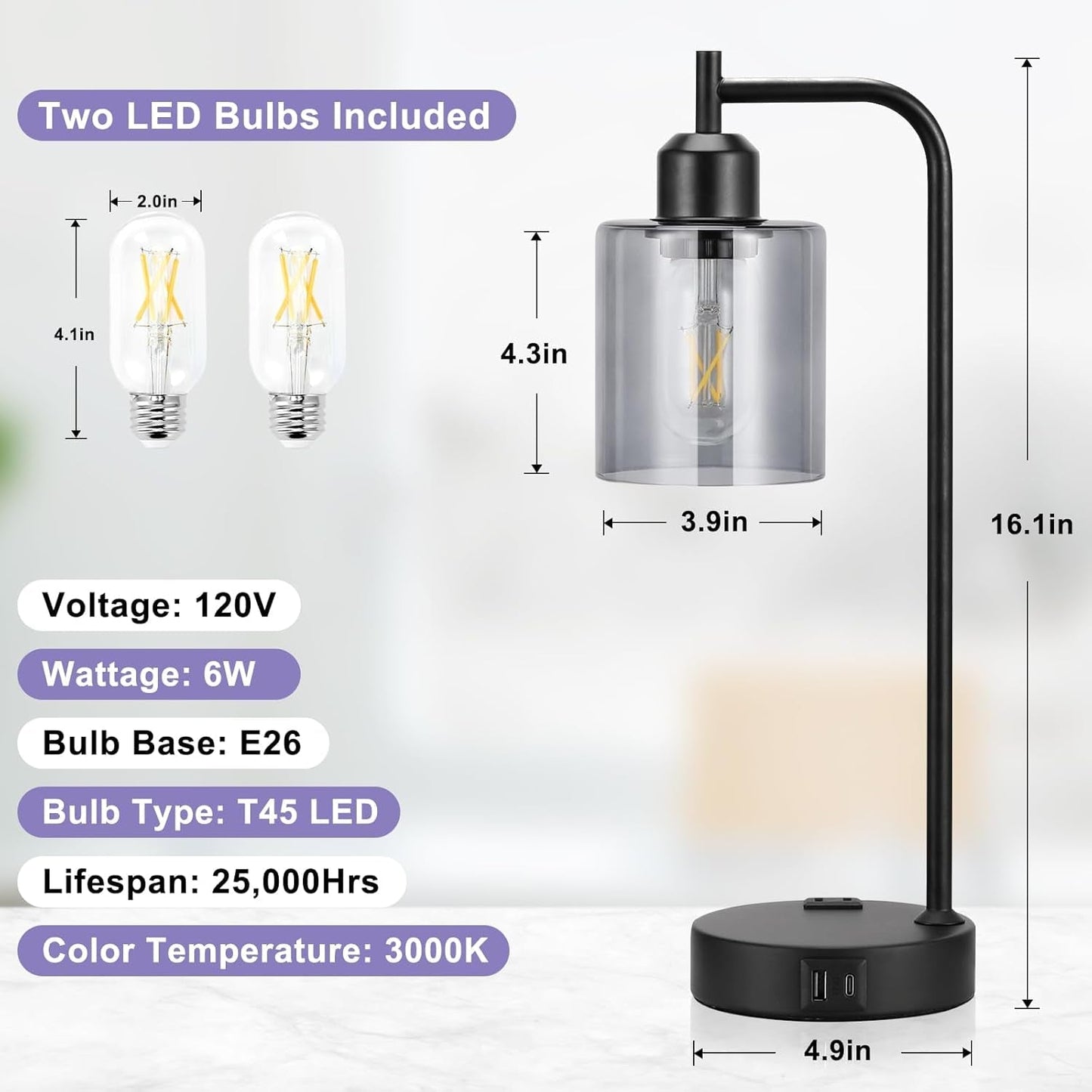 Industrial Touch Bedroom Lamps 2 Set
