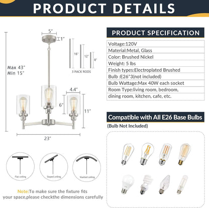 Modern 3-Light Brushed Nickel Chandelier