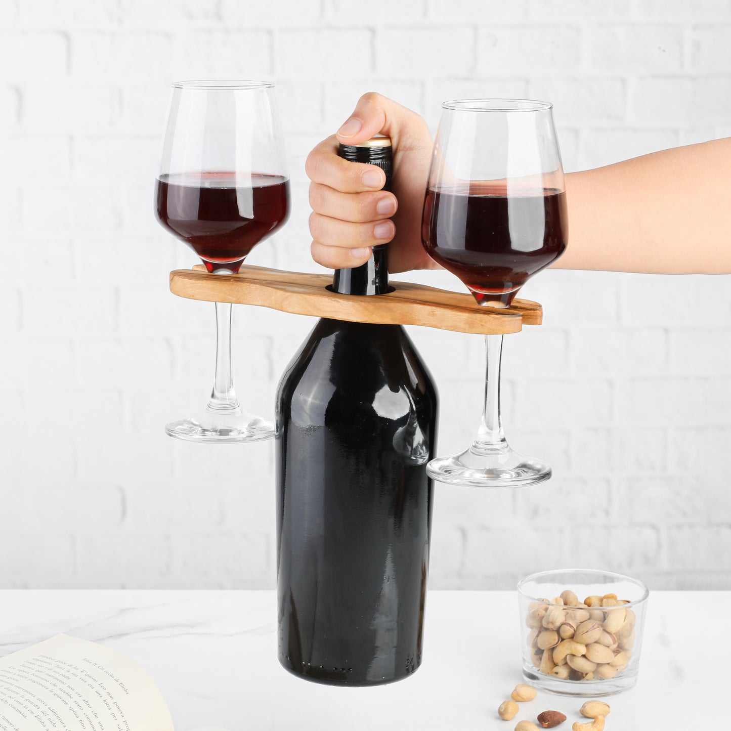 Handcrafted Olive Wood Wine Glass and Bottle Holder