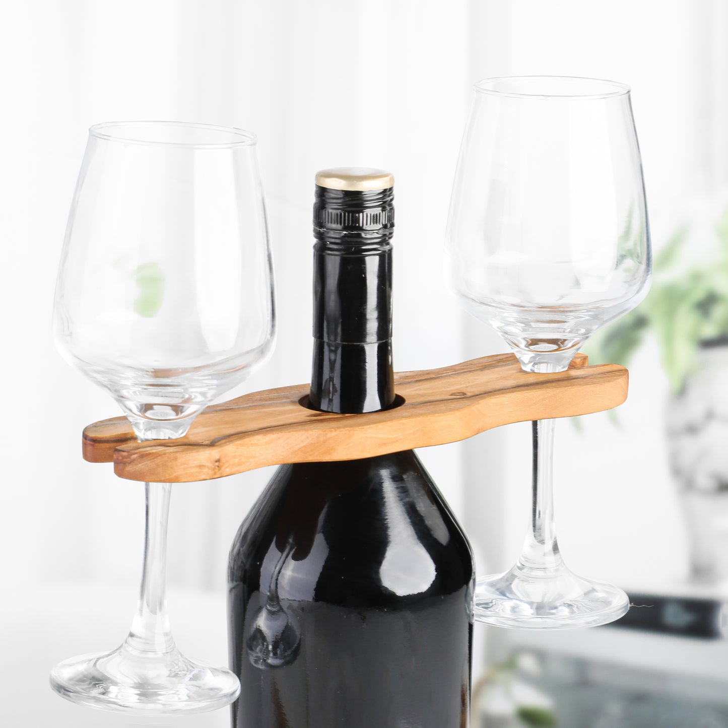 Handcrafted Olive Wood Wine Glass and Bottle Holder
