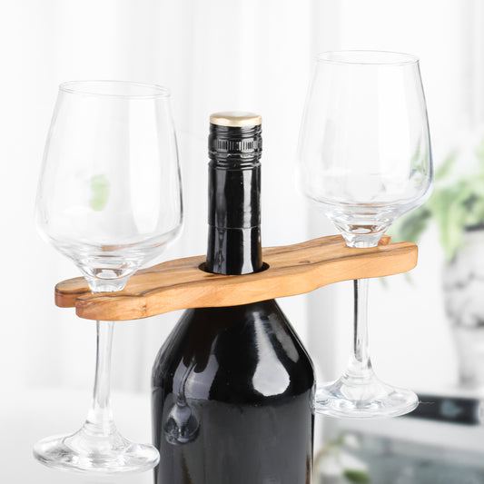Handcrafted Olive Wood Wine Glass and Bottle Holder